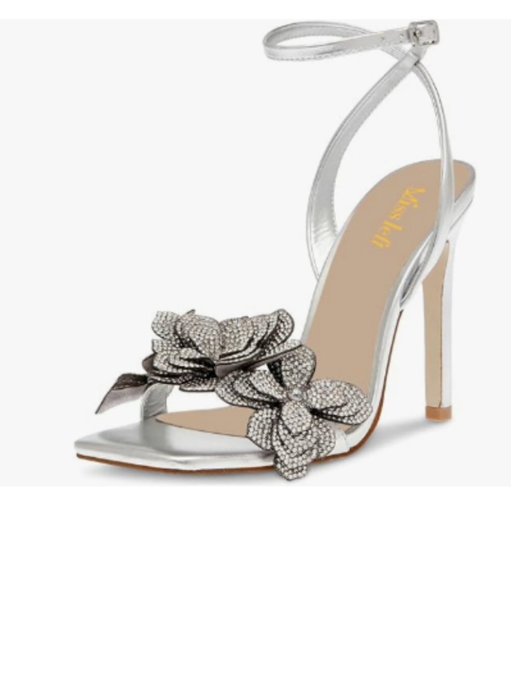 miss left Silver Rhinestones Stiletto Heel Sandals with Strap Buckle Flower Shoe